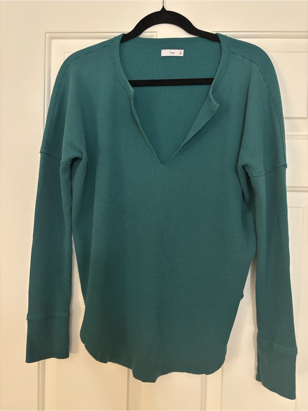 Teal V-Neck waffle-knit Long Sleeve Top - Women Tna